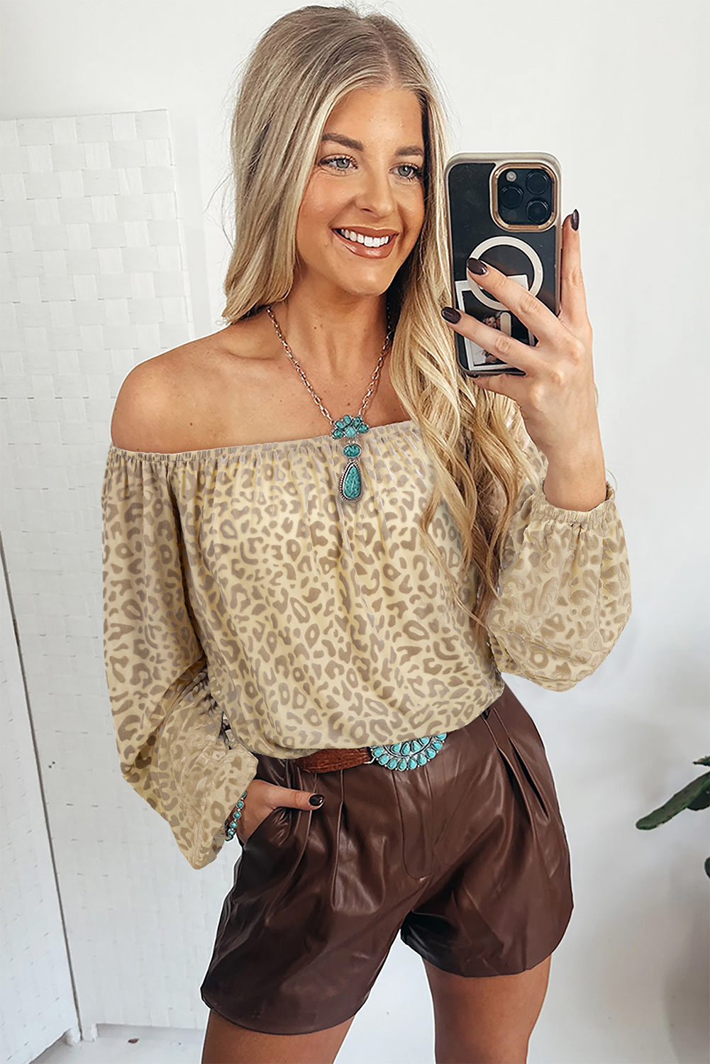 Beige Leopard Velvet Burnout Off Shoulder Long Sleeve Blouse - loveforevers