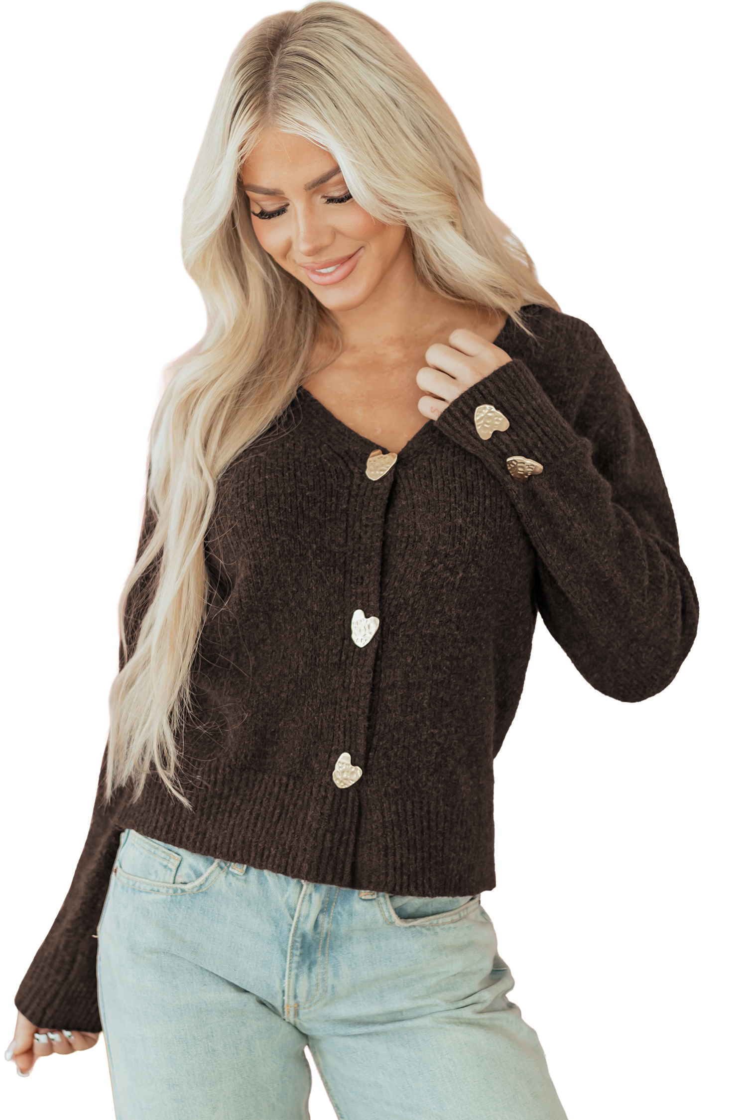 Fiery Red Heart Metal Button V Neck Cardigan Sweater - loveforevers