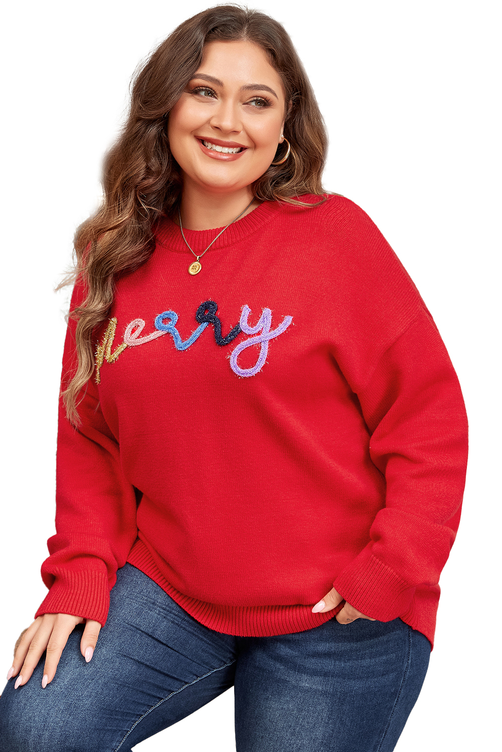 Fiery Red Tinsel Merry Letter Drop Shoulder Baggy Sweater - loveforevers
