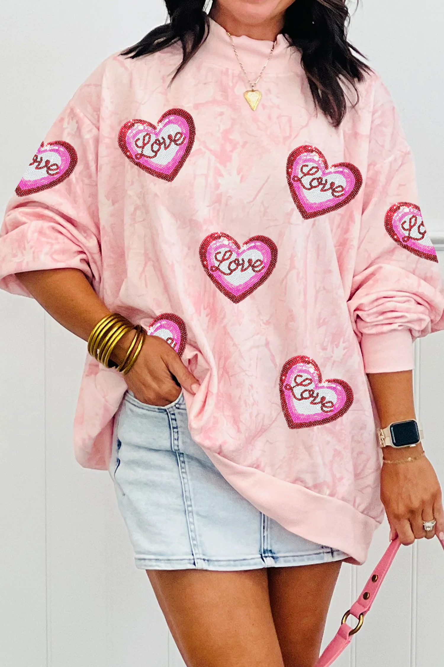 Pink Tie Dye Camo Sequin Love Heart Patched Mock Neck Sweatshirt - loveforevers