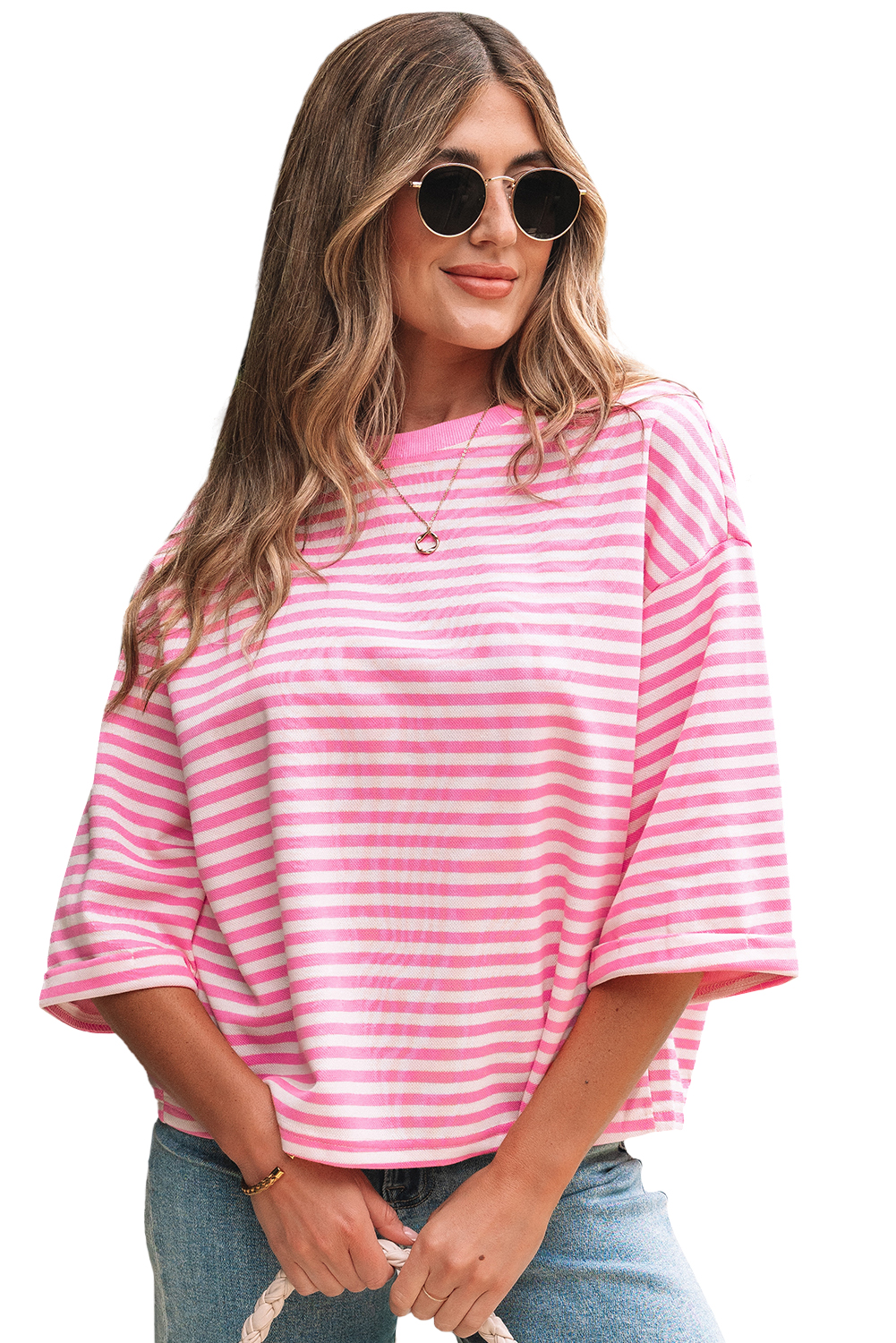 Red Stripe Bowknot Cutout Back Drop Shoulder Wide Bracelet Sleeve Loose Tee - loveforevers