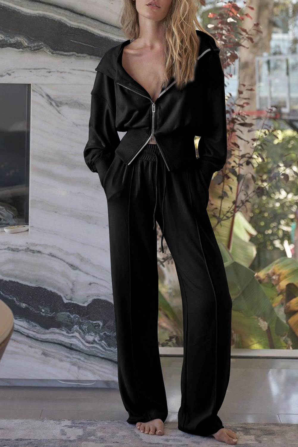 Gray Double Zipper Hooded Jacket and Sweatpants Active Set - loveforevers