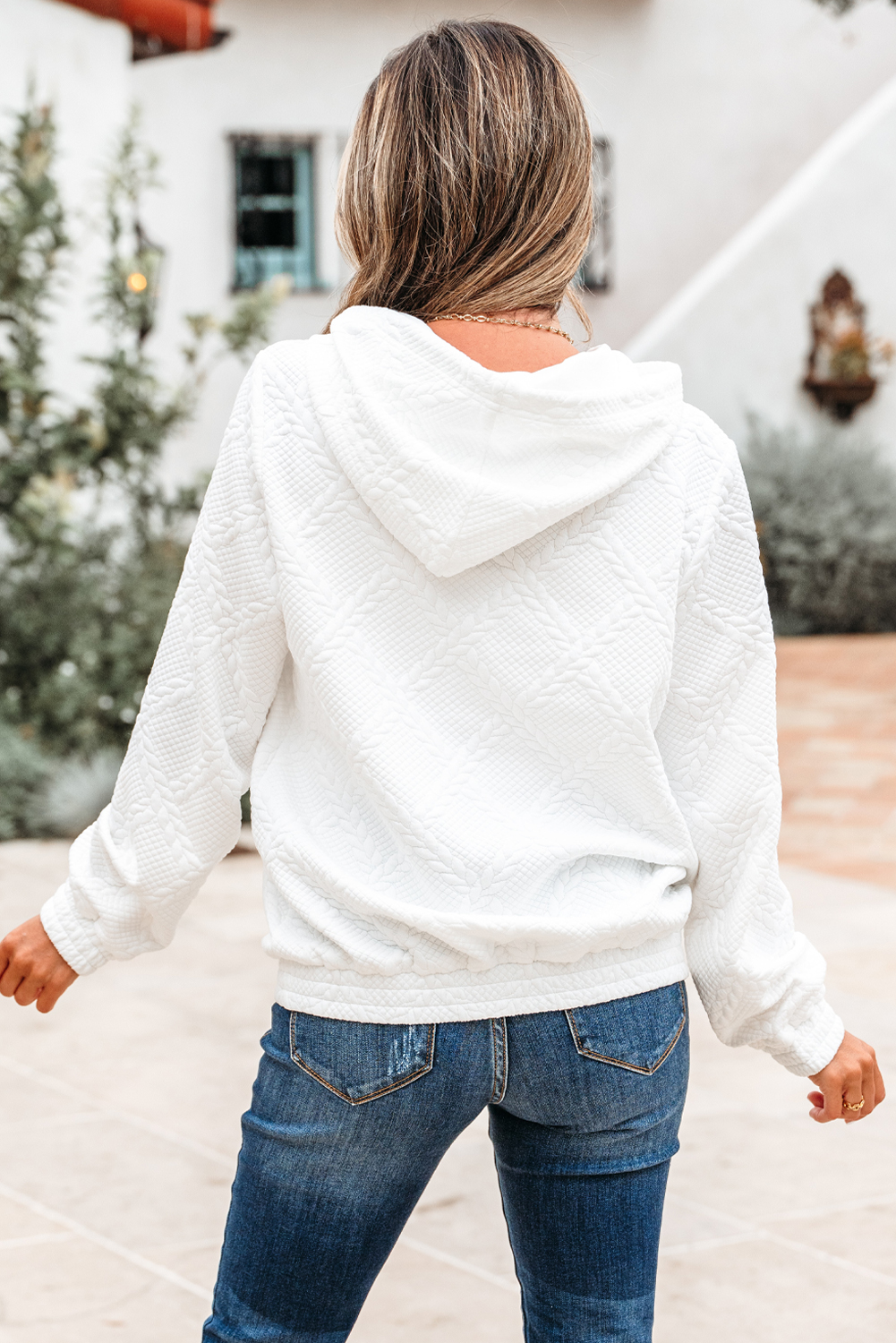 White Cable Lattice Texture Kangaroo Pocket Hoodie - loveforevers