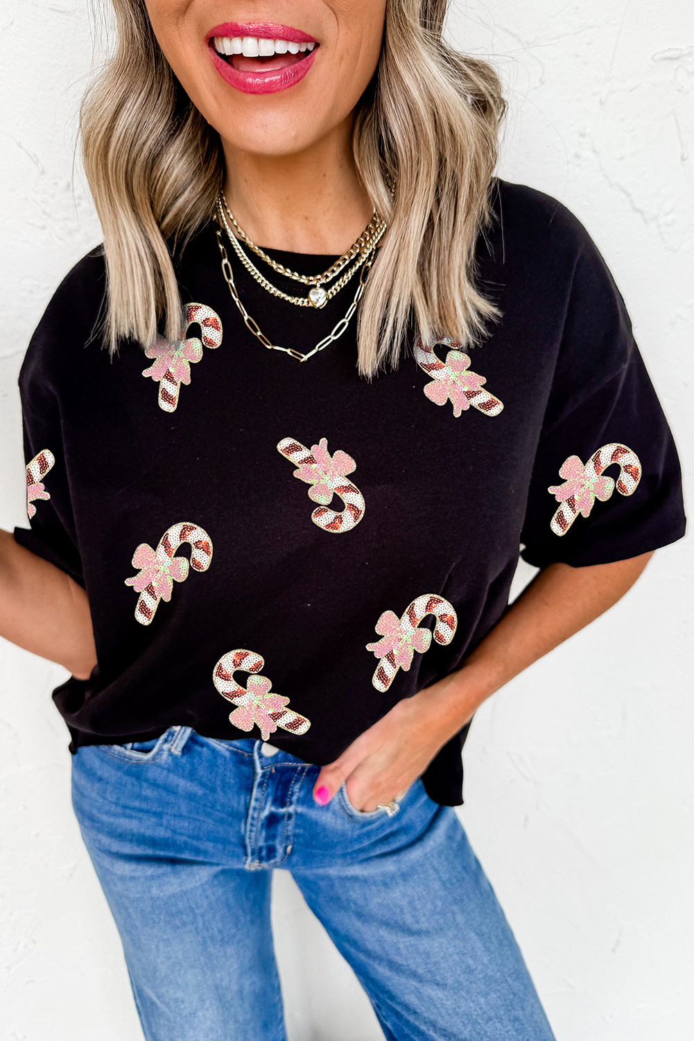 Black Sequined Candy Cane Patched Pattern Holiday T Shirt - loveforevers