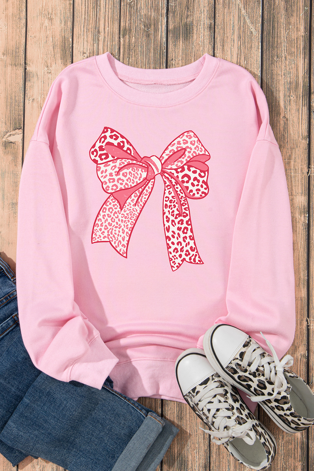 Pink Leopard Bowknot Printed Crewneck Pullover Sweatshirt - loveforevers