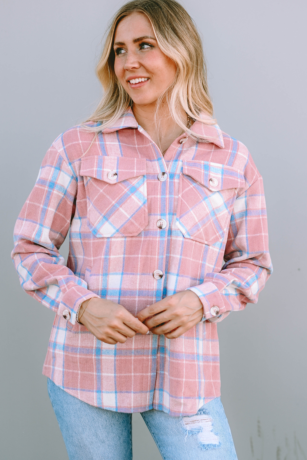 Pink Plaid Flap Pocket Flannel Shacket - loveforevers