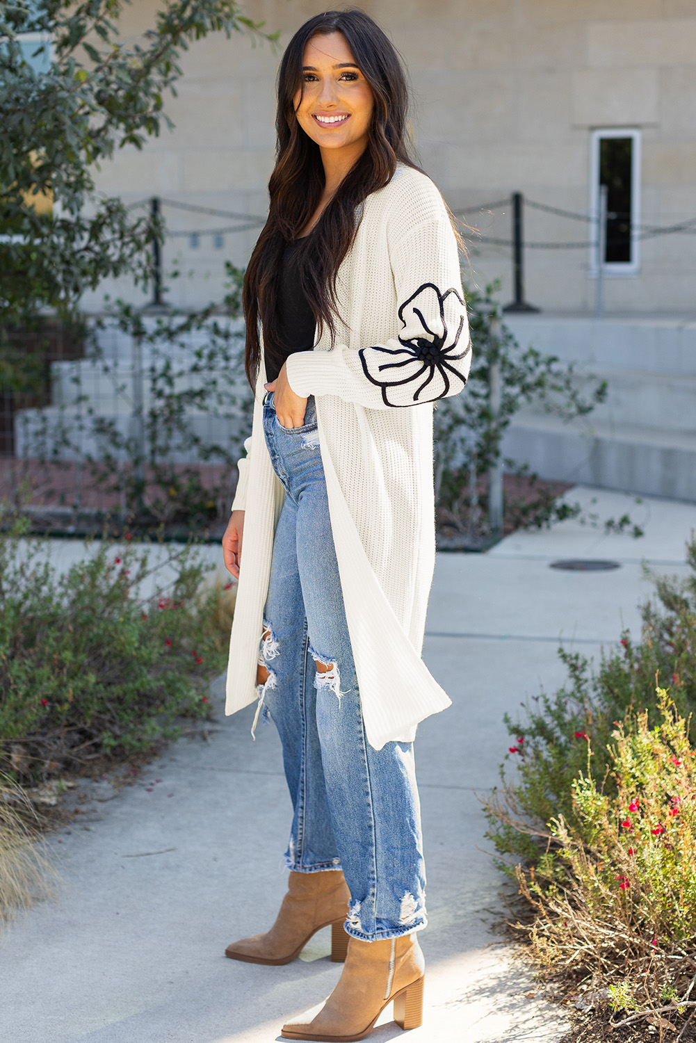 Black Flower Embroidered Drop Shoulder Open Front Duster Cardigan - loveforevers