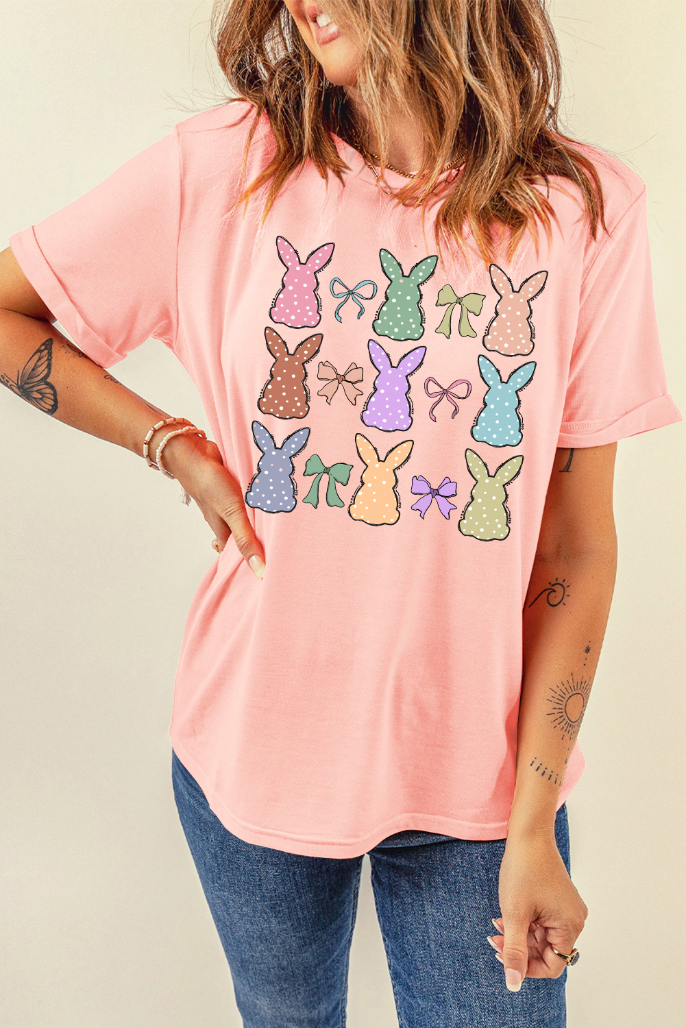 Pink Dotty Bunny Bow Printed Easter Day Fashion T Shirt - loveforevers