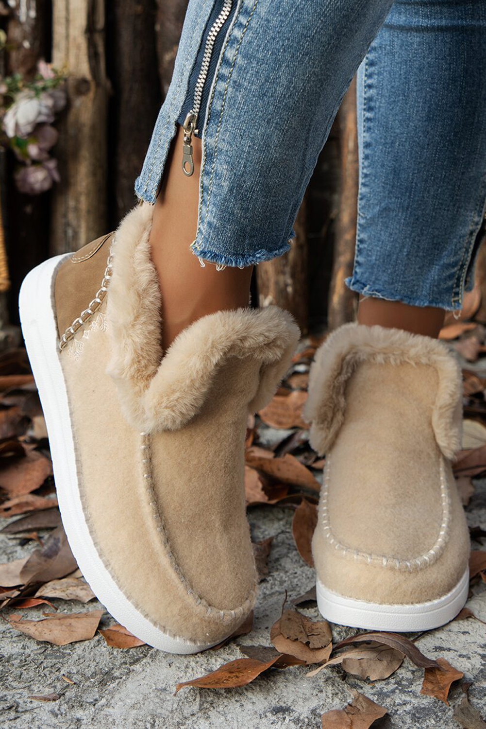 Beige Suede Stitching Patchwork Plush Lined Anklet Boots - loveforevers
