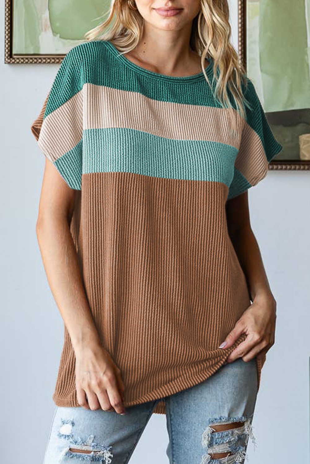Chestnut Color Block Detail Twisted Rib Loose Tee - loveforevers