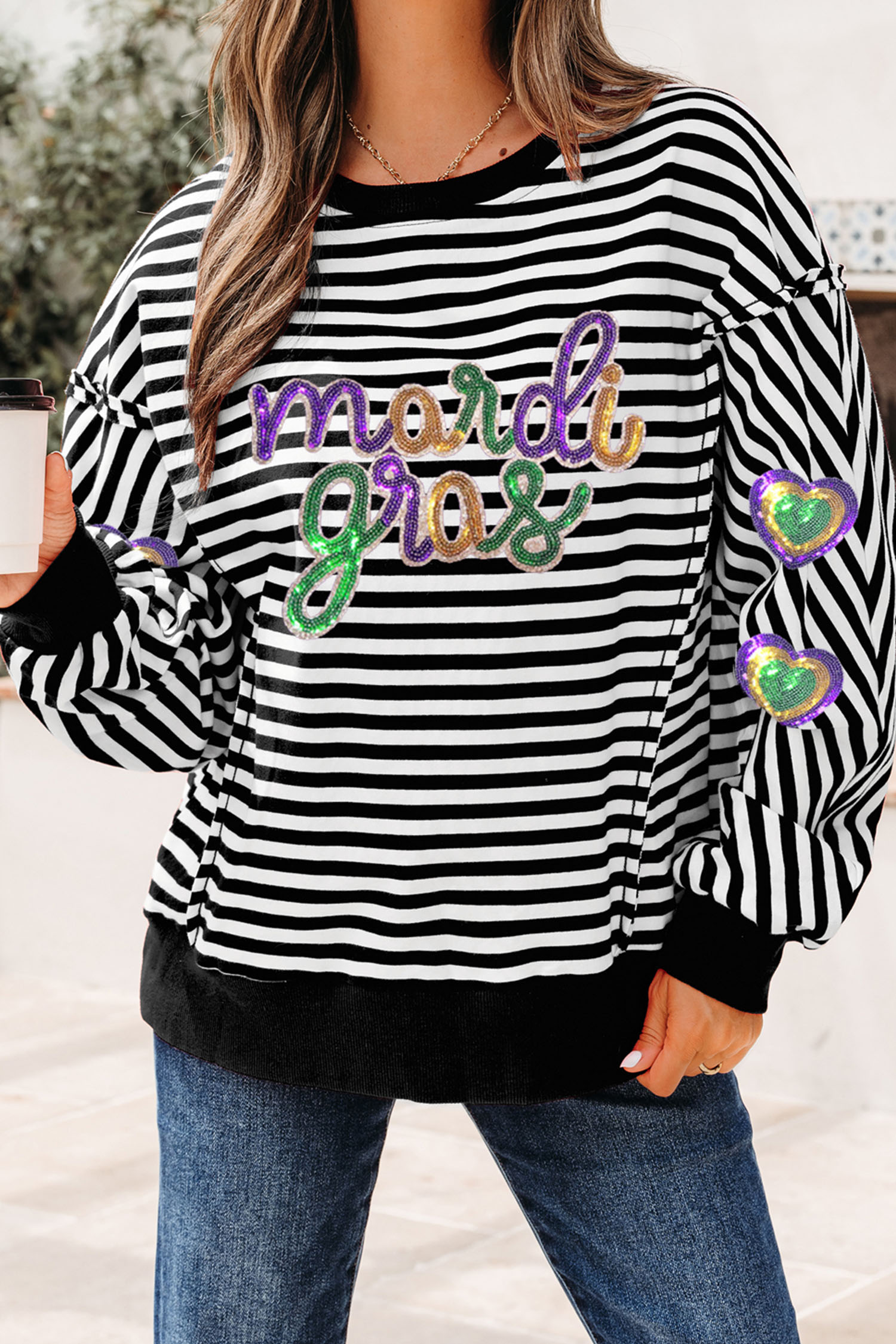 Black Stripe Raw Seam Detail Sequin Mardi Gras Heart Patched Graphic Long Sleeve Top - loveforevers