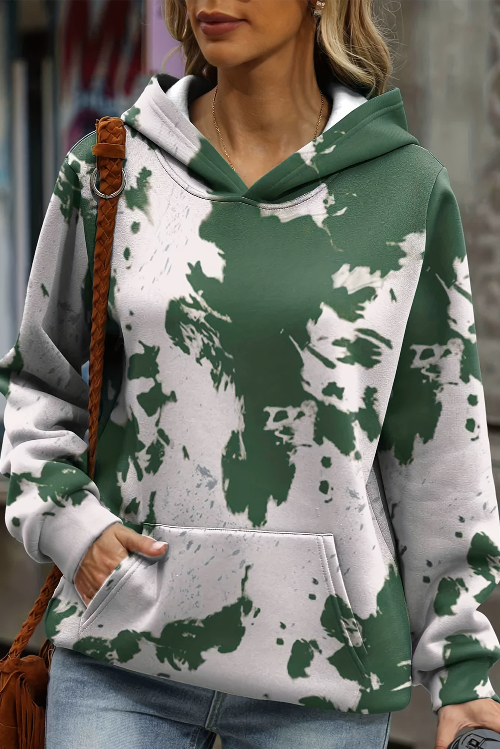 Green Tie Dye Print Kangaroo Pocket Loose Hoodie - loveforevers