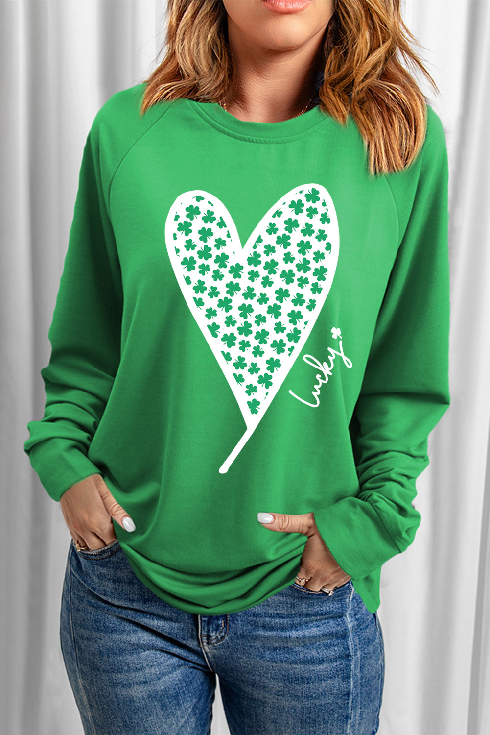 Green St. Patricks LUCKY Clover Print Raglan Sleeve Sweatshirt - loveforevers
