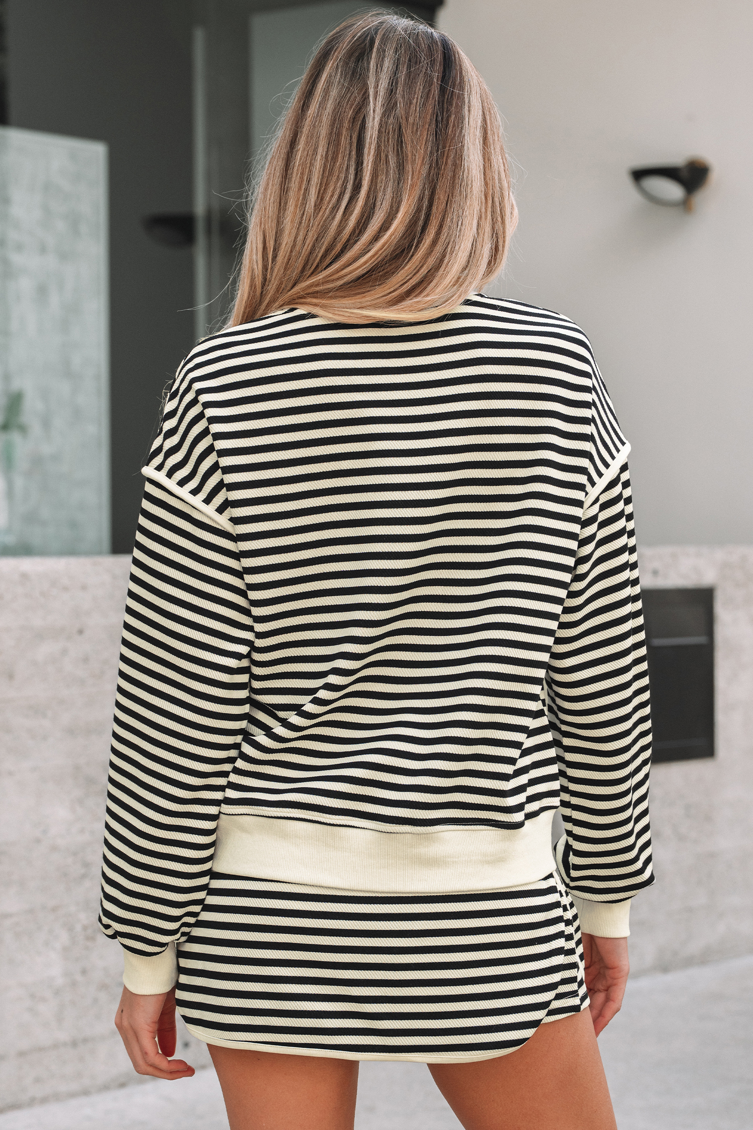 Black Stripe Textured Drop Shoulder Pullover Top Drawstring Mini Skort Two Piece Dress Set - loveforevers