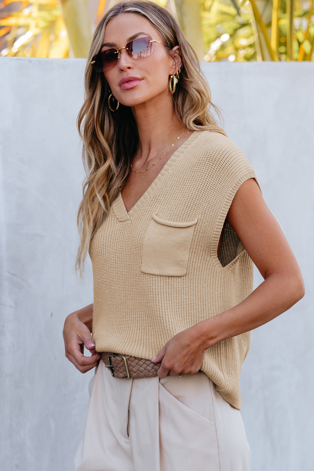Apricot Chest Pocket V Neck Ribbed Cap Sleeve Sweater - loveforevers