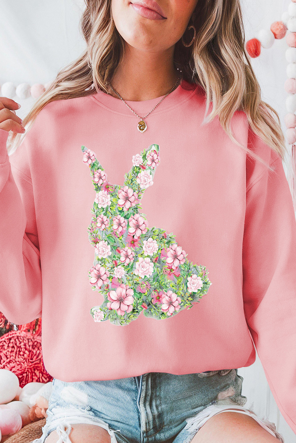 Pink Floral Bunny Printed Crewneck Easter Fashion Sweatshirt - loveforevers