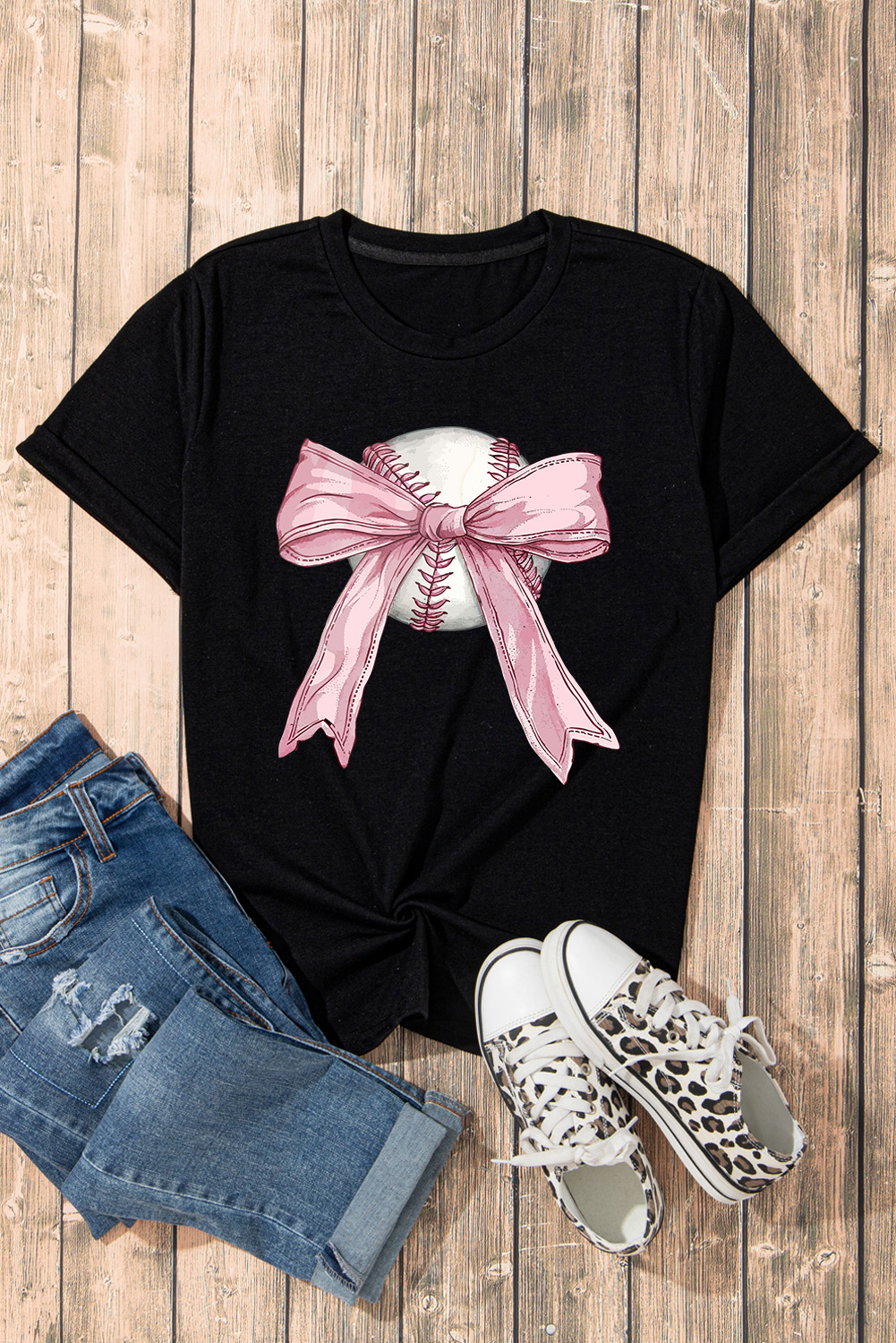 Black Baseball Bow Knot Print Round Neck T Shirt - loveforevers