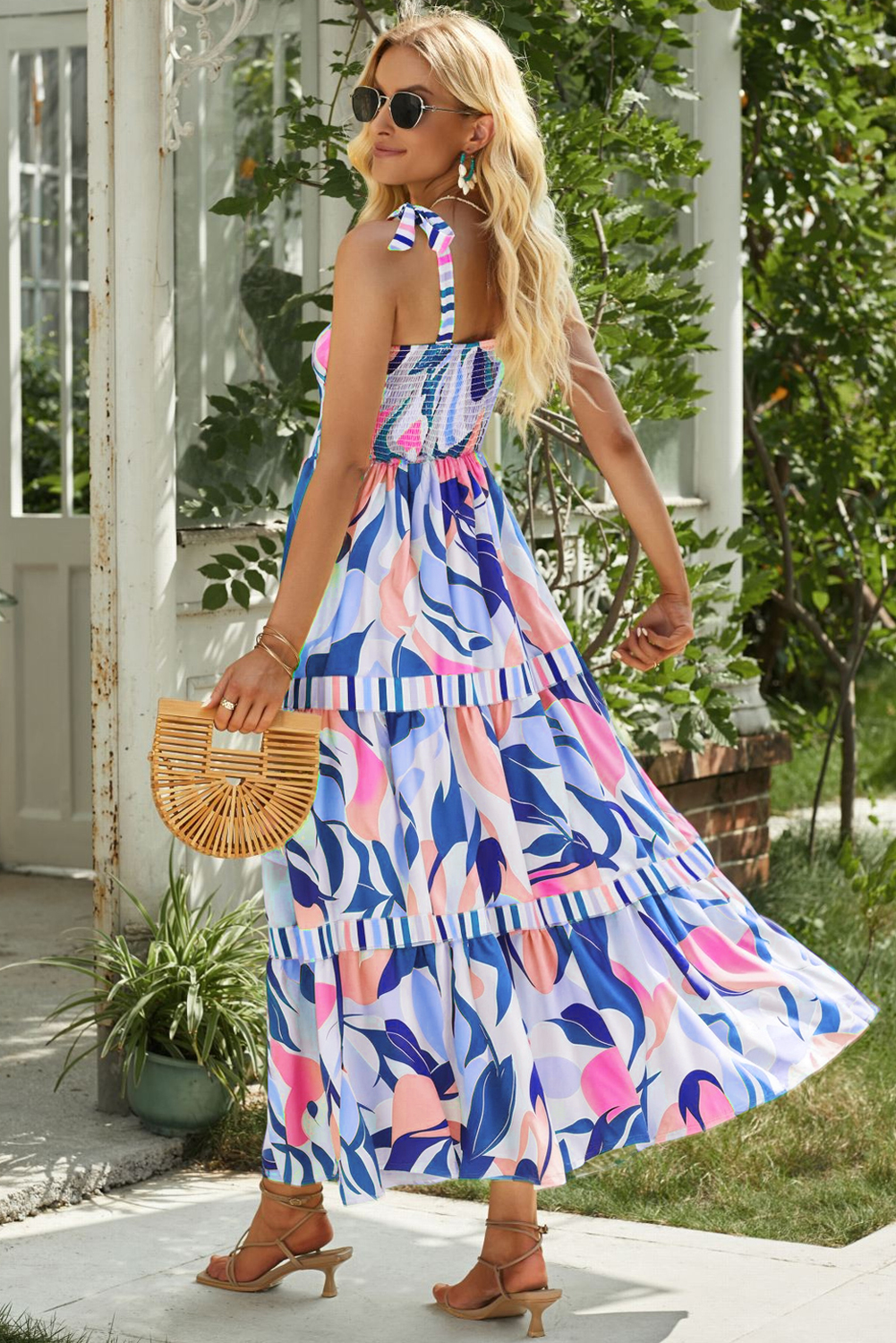 Sky Blue Abstract Print Striped Detail Knot Strap Maxi Dress - loveforevers