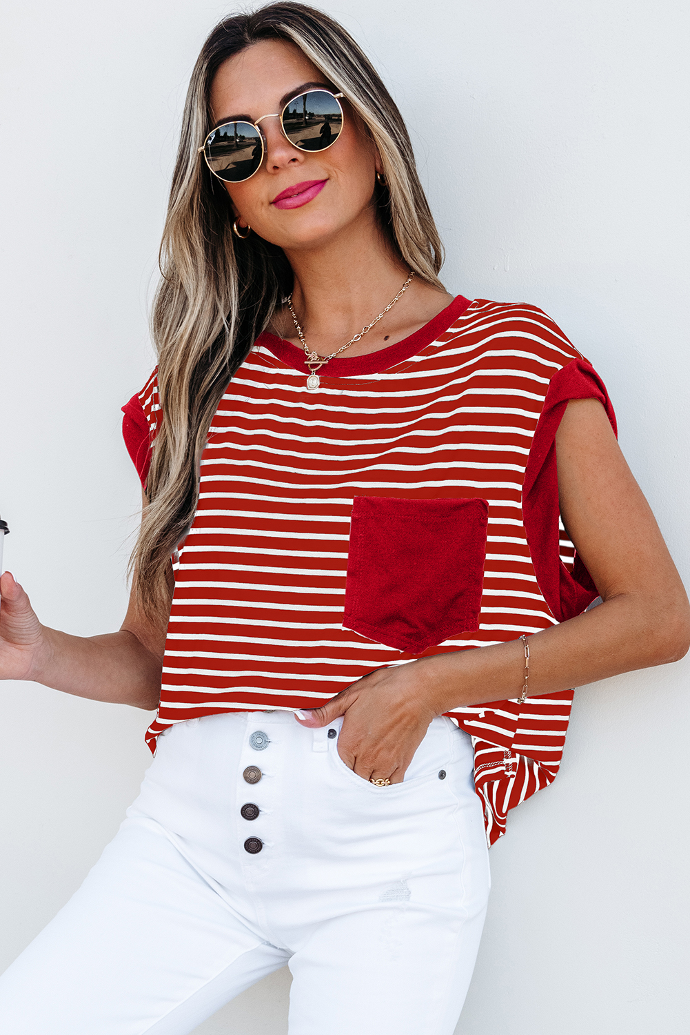 Red Stripe Chest Pocket Patch Round Neck Tank Top - loveforevers