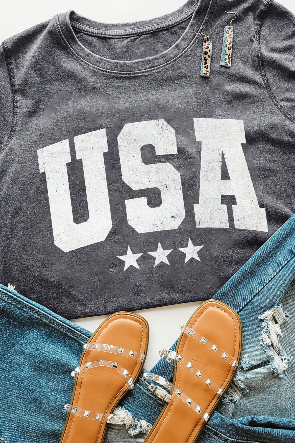 Gray USA Vintage Star Letter Graphic Tee - loveforevers