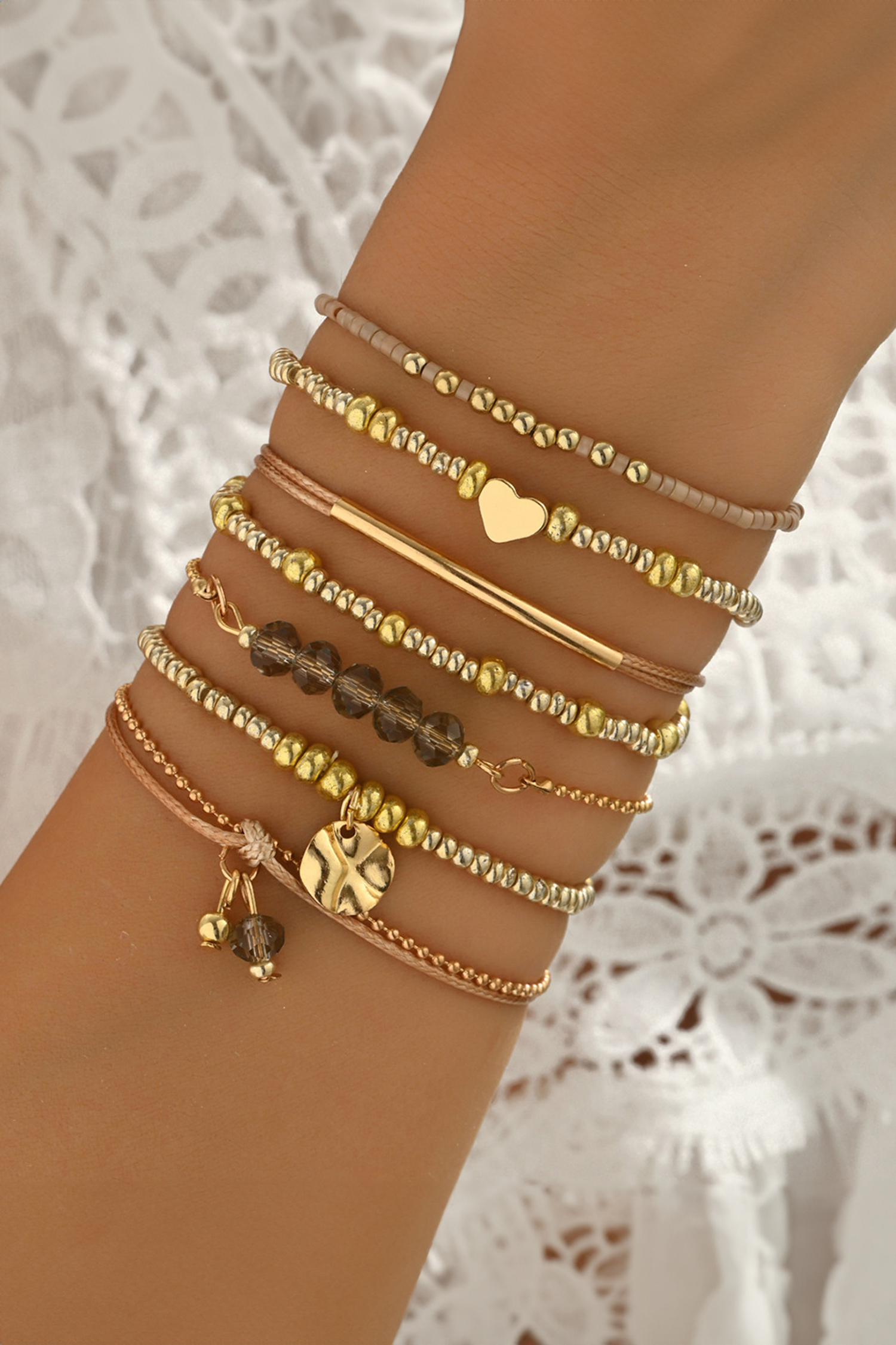 Gold 7pcs Bohemian Heart Bead Layered Bracelet Set - loveforevers