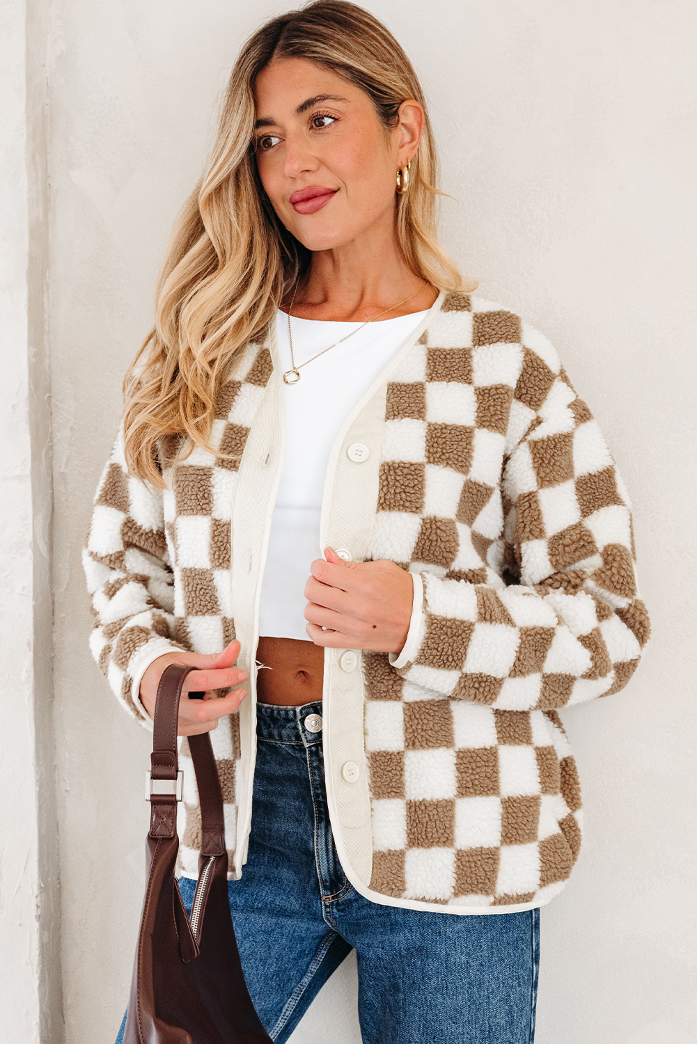 Brown Checkered Sherpa Buttoned Front Chunky Jacket - loveforevers
