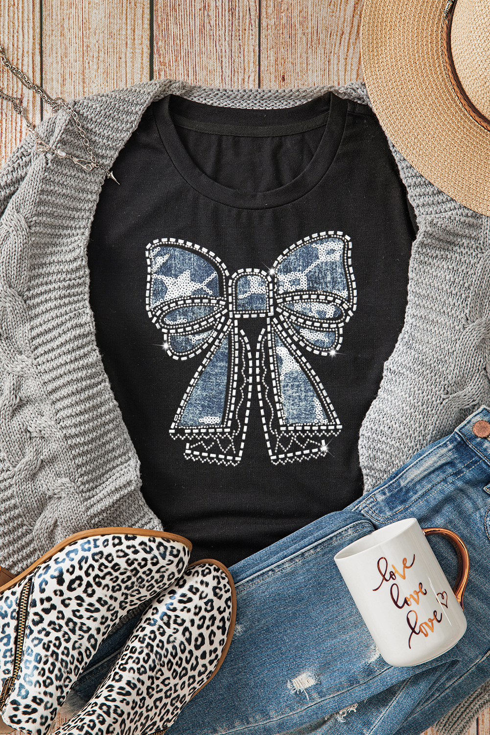 Black Rhinestone Bowknot Graphic Crewneck T Shirt - loveforevers