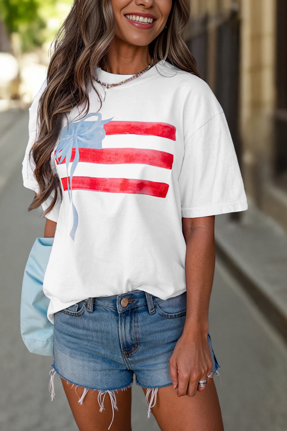 Myosotis Flag Bow Graphic Crewneck Tee - loveforevers