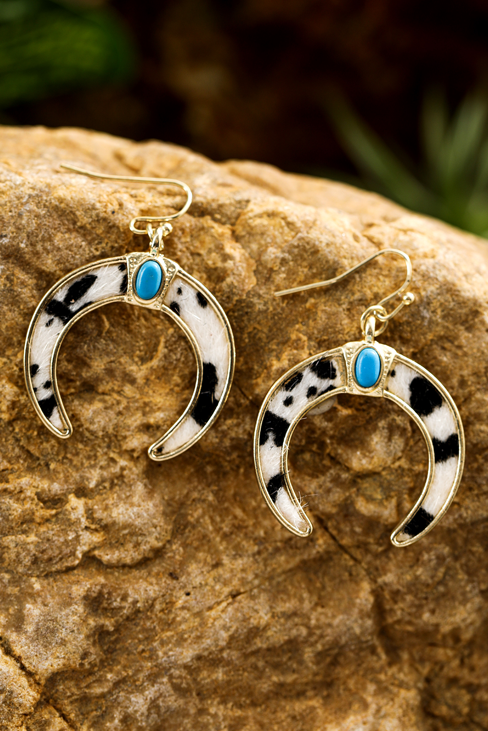 Black Cow Print Turquoise Inlay Crescent Shaped Dangle Earrings - loveforevers