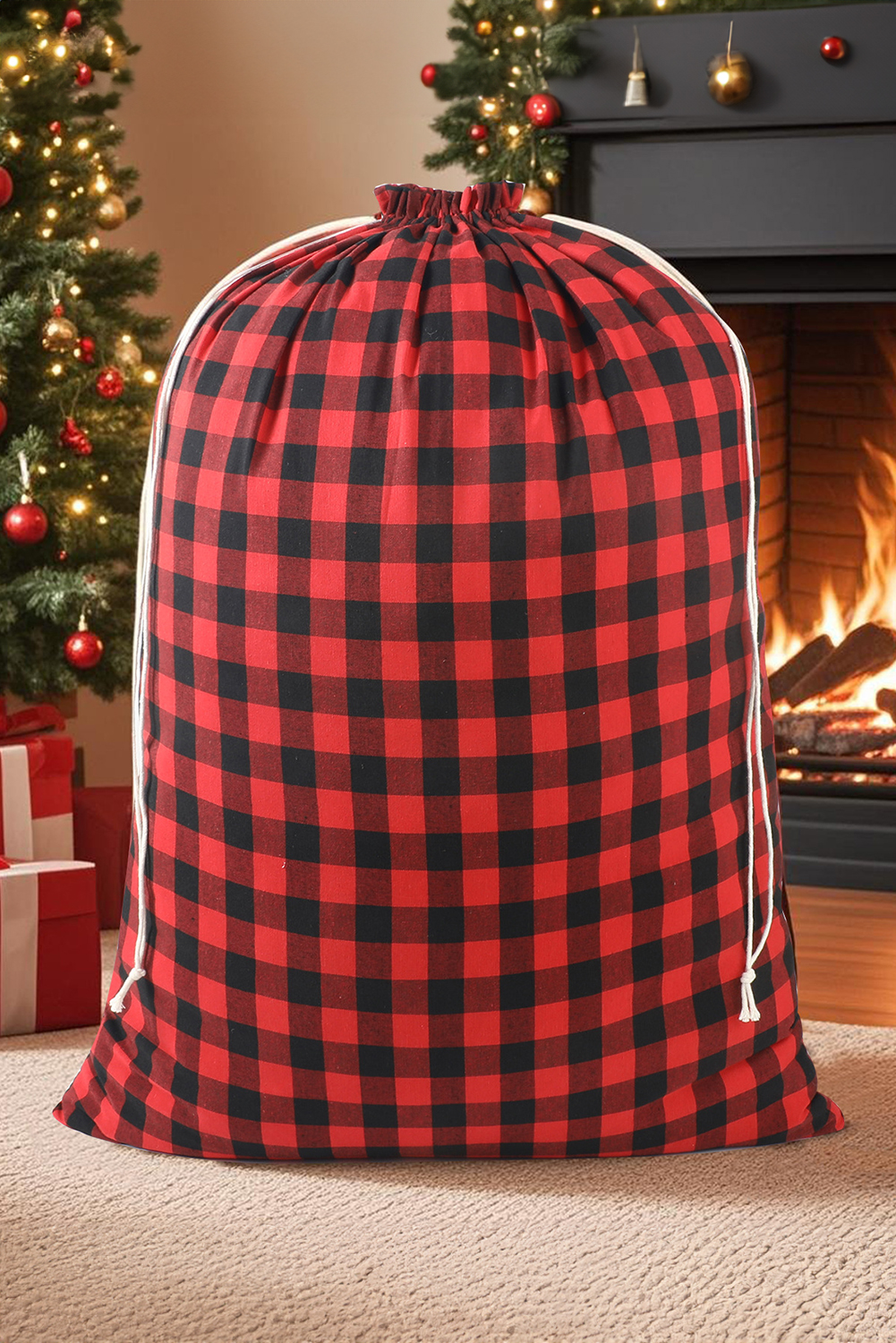 Fiery Red Retro Plaid Reusable Christmas Gift Bag - loveforevers