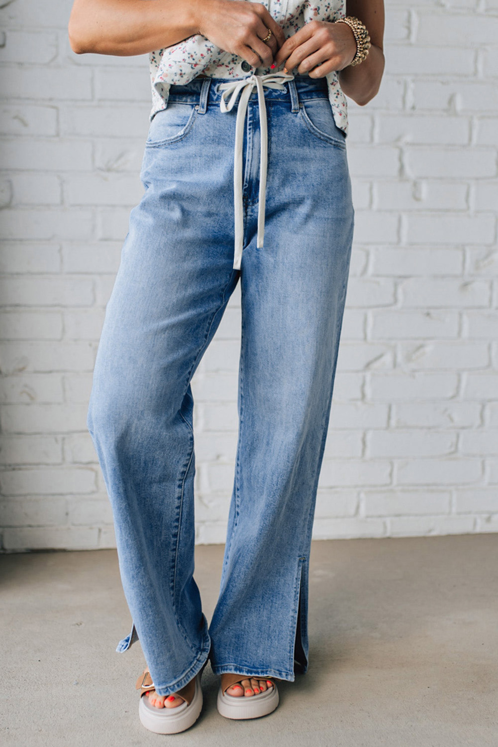 Myosotis Slit Leg High Rise Drawstring Casual Jeans - loveforevers