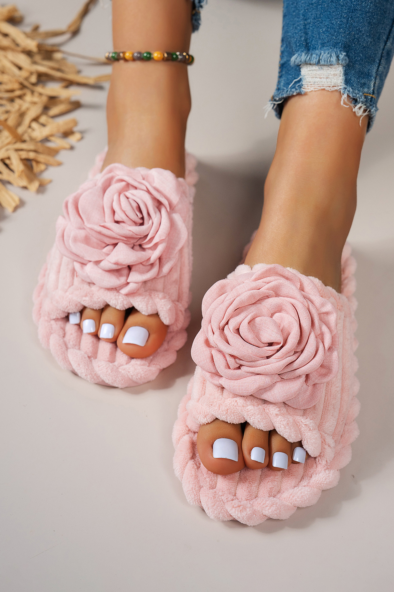 Pink Solid Color 3D Flower Accent Corded Ribbed Open Toe Slippers - loveforevers
