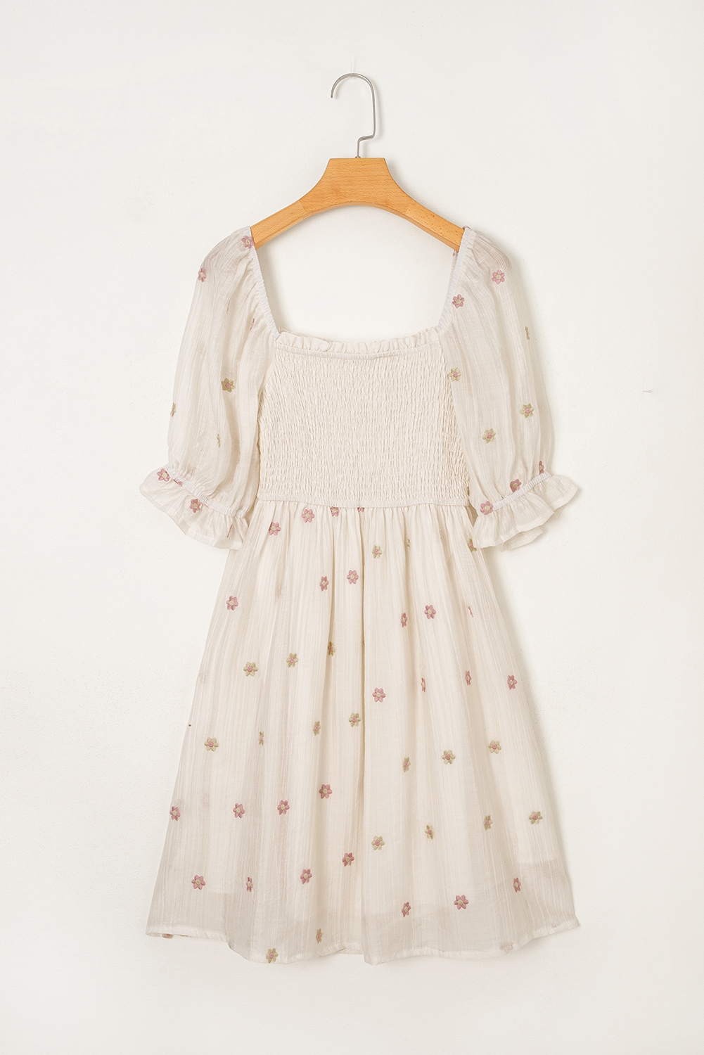 Beige Embroidered Flower Smocked Bust Half Puff Sleeve Empire Waist Textured Flowy Dress - loveforevers