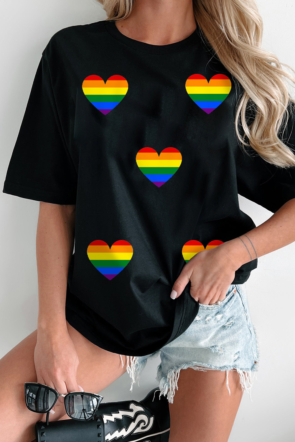 Black Heart Print Crew Neck Chic T Shirt - loveforevers