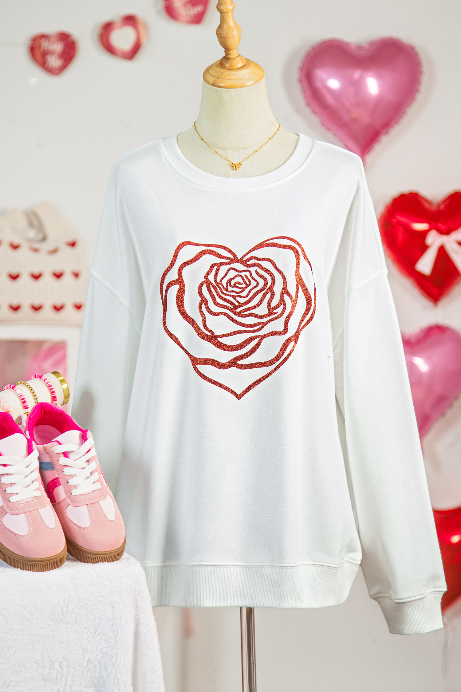 White Love Rose Shimmer Foil Printed Drop Shoulder Sweatshirt - loveforevers