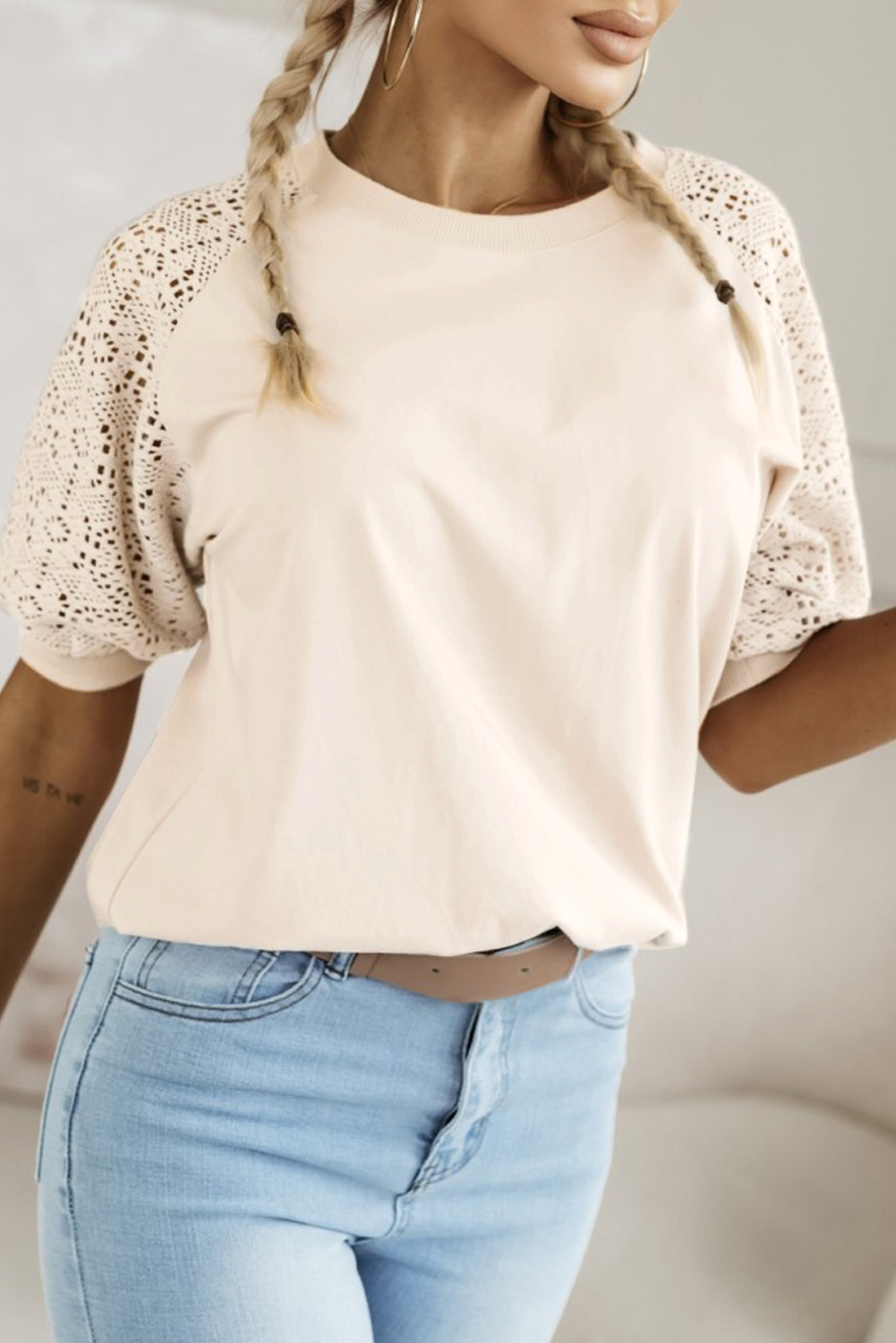 Jet Stream Lace Crochet Short Sleeve Round Neck T Shirt - loveforevers