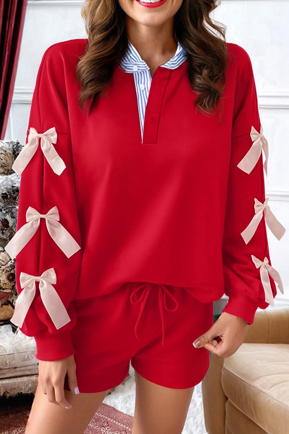 Racing Red Striped Collar Patchwork Satin Bow Sweatshirt and Shorts Set - loveforevers