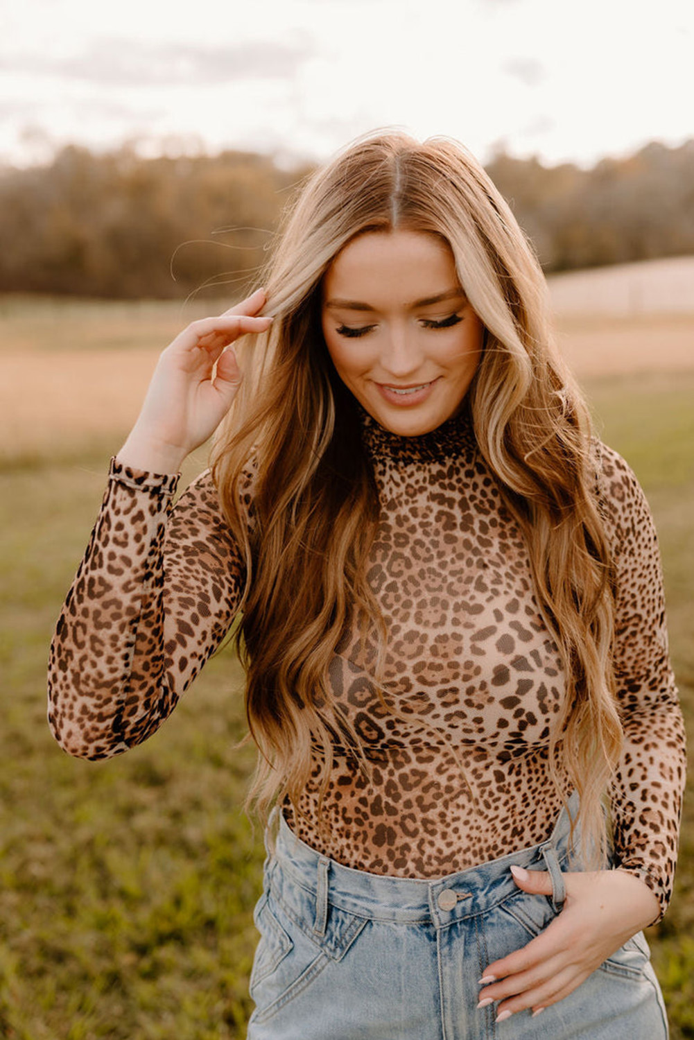 Brown Leopard Smocked Neck Mesh Long Sleeve Bodysuit - loveforevers