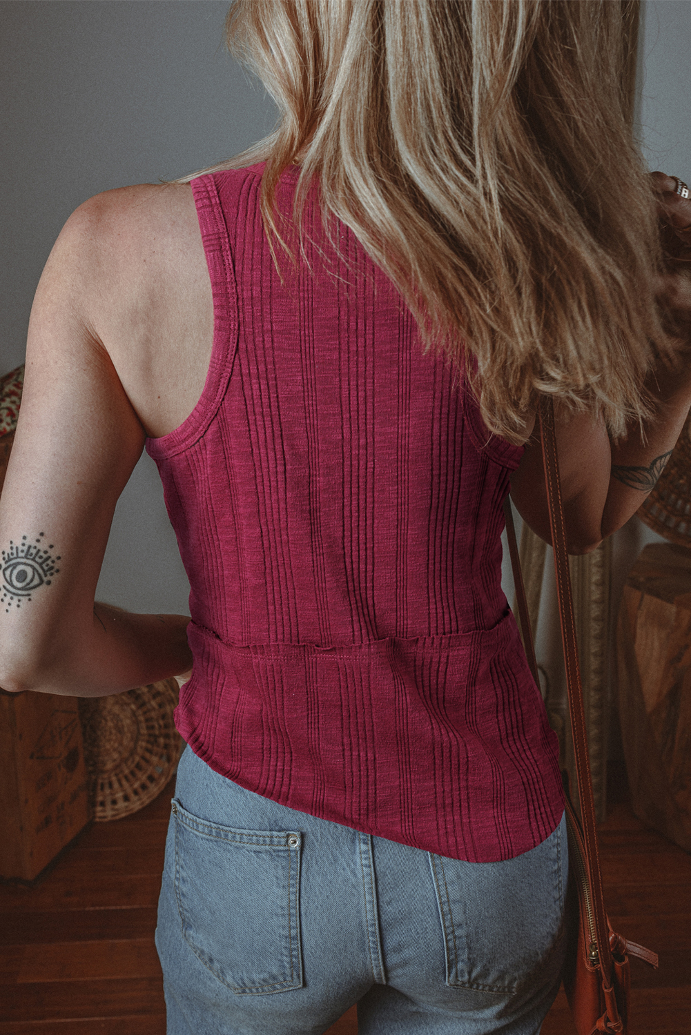 Red Dahlia Ribbed Textured Exposed Stitching Knit Tank Top - loveforevers