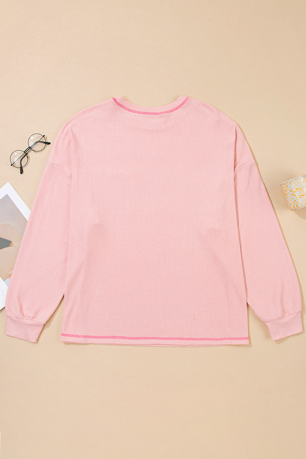 Bonbon Ribbed Exposed Seam Round Neck Chest Pocket Plus Knit Top - loveforevers