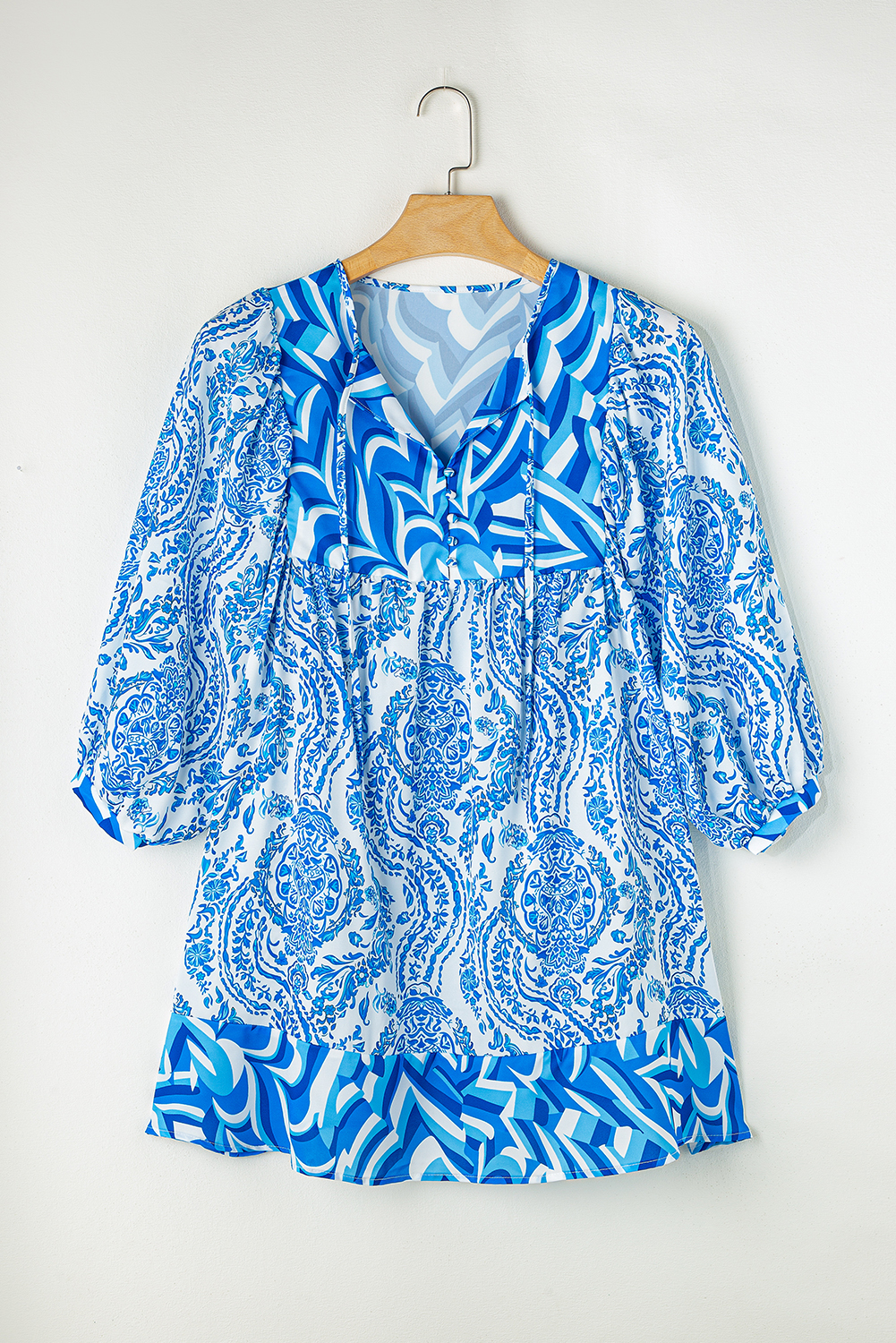 Sky Blue Bohemian Print Puff Sleeve Tied V Neck Flared Mini Dress - loveforevers