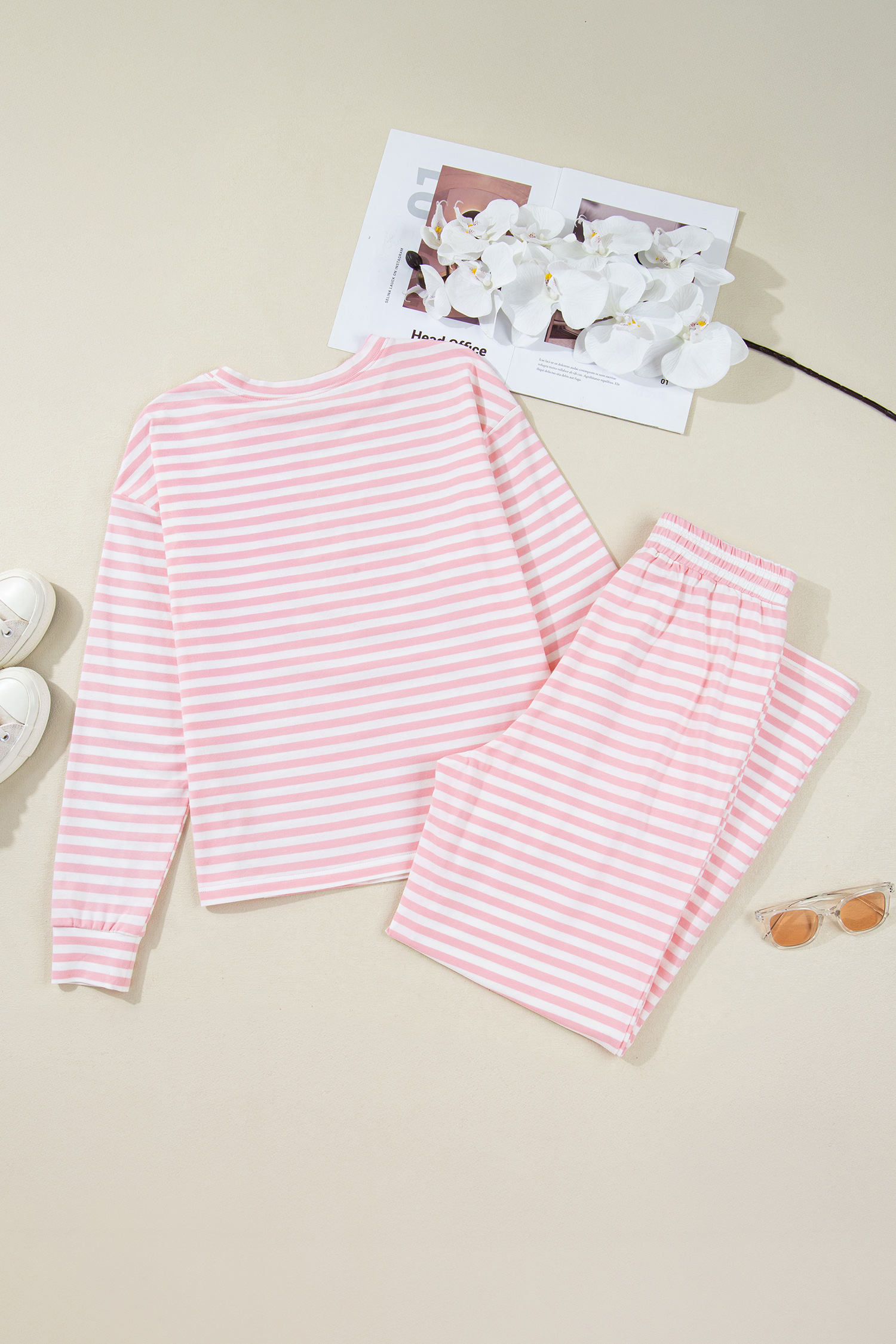 Rose Stripe Drop Shoulder Round Neck Top and Buttoned Straight Pants Two Piece Set - loveforevers