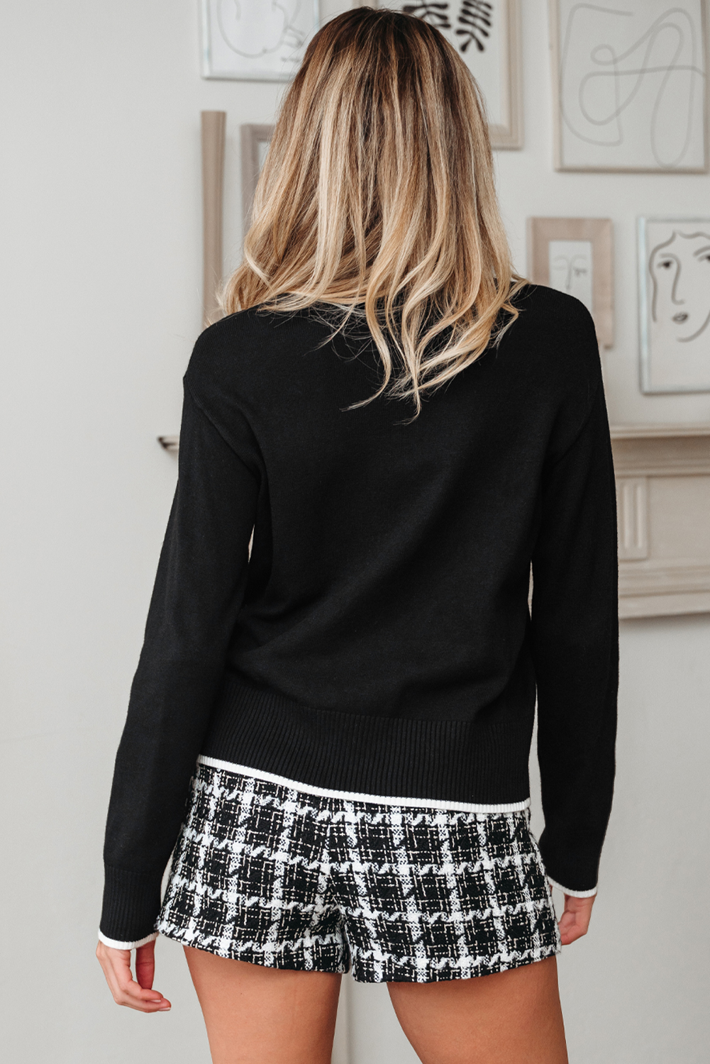 Black Contrast Trim Big Bow Accent Holiday Cropped Sweater - loveforevers