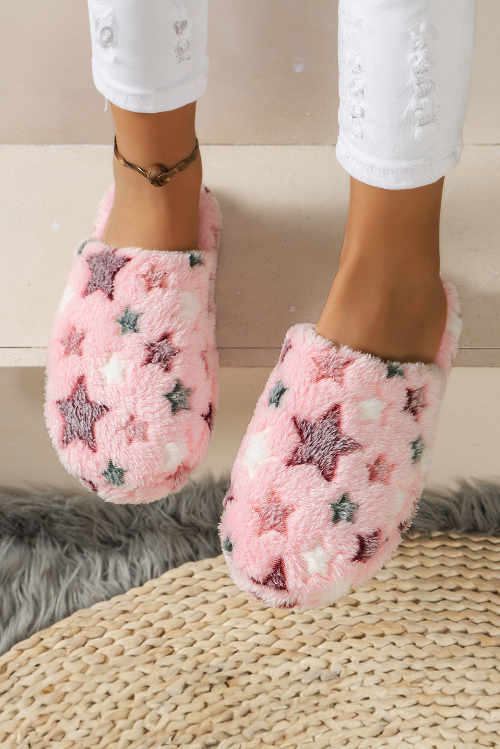 Pink Star Pattern Plush Home Slippers - loveforevers