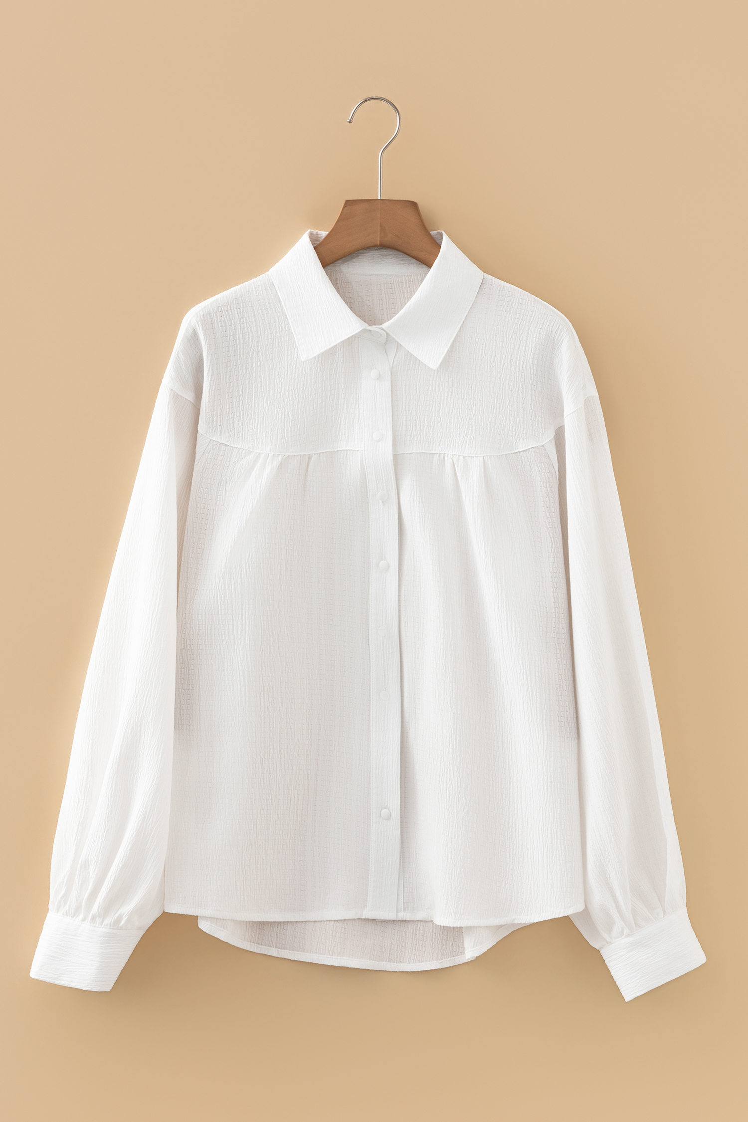 White Crinkled Texture Lantern Sleeve Button Down Loose Shirt - loveforevers