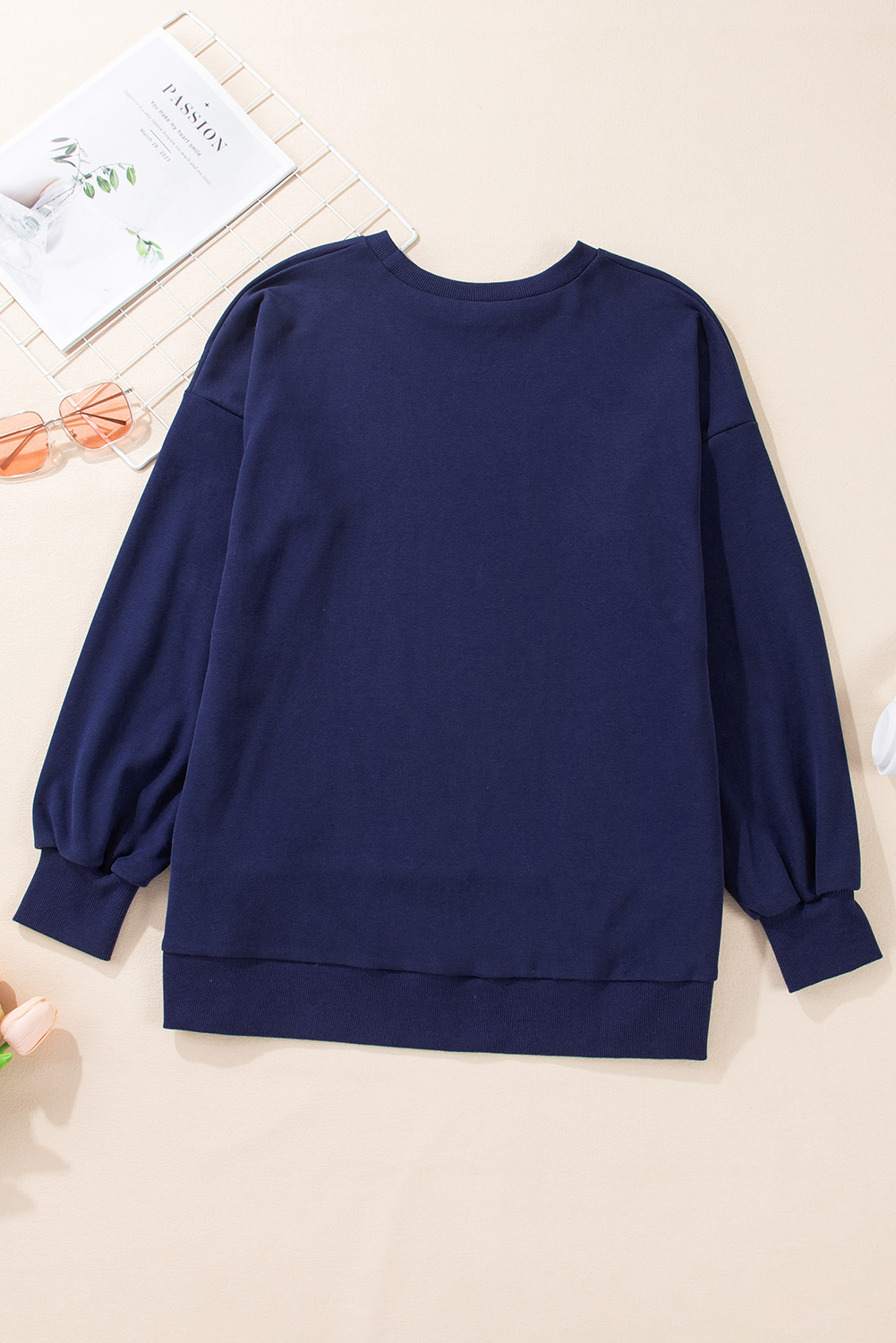 Navy Blue Solid O Neck High Low Hem Pullover Sweatshirt - loveforevers