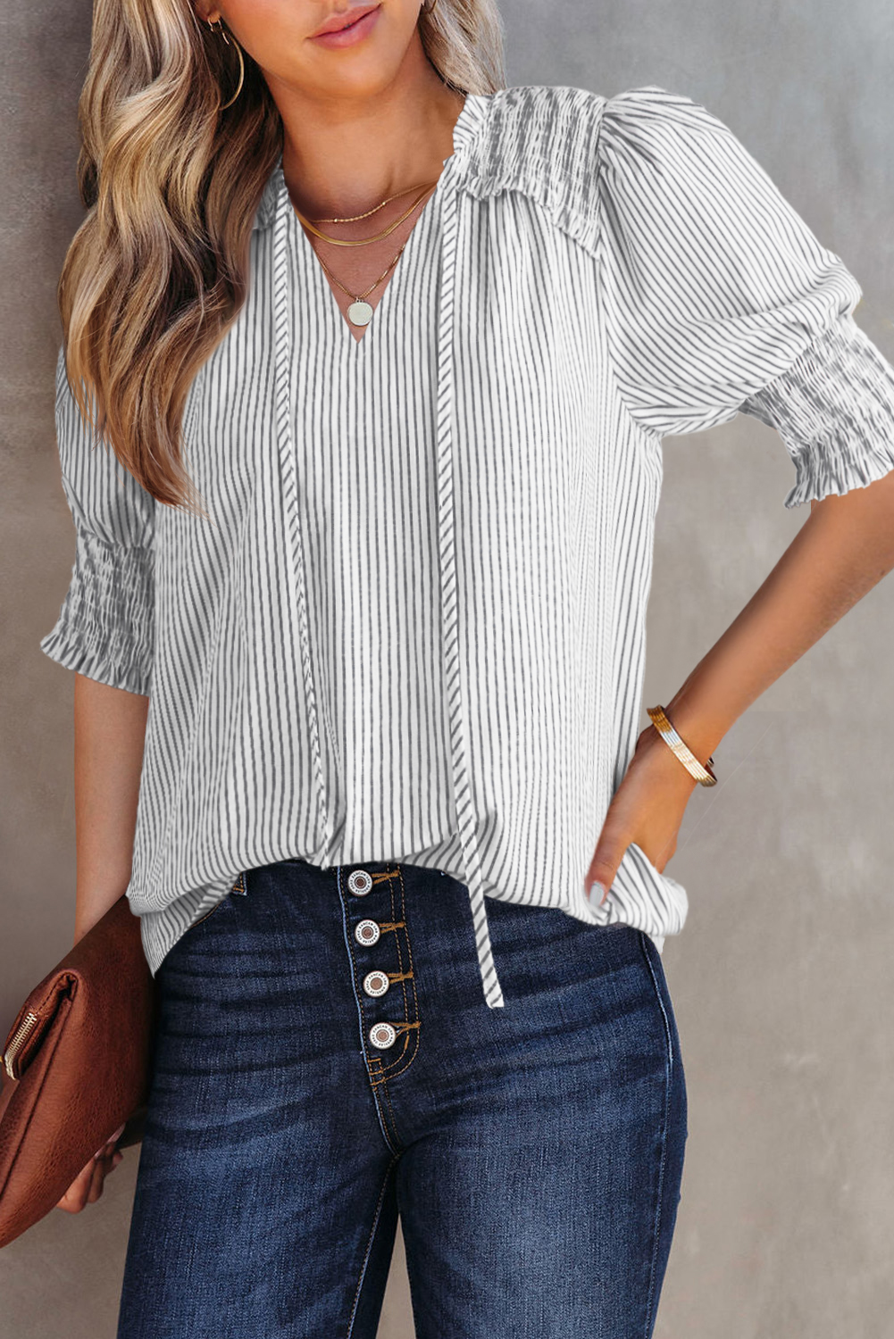 Gray Stripe Shirred Detail V Neck Puff Half Sleeve V Neck Blouse - loveforevers