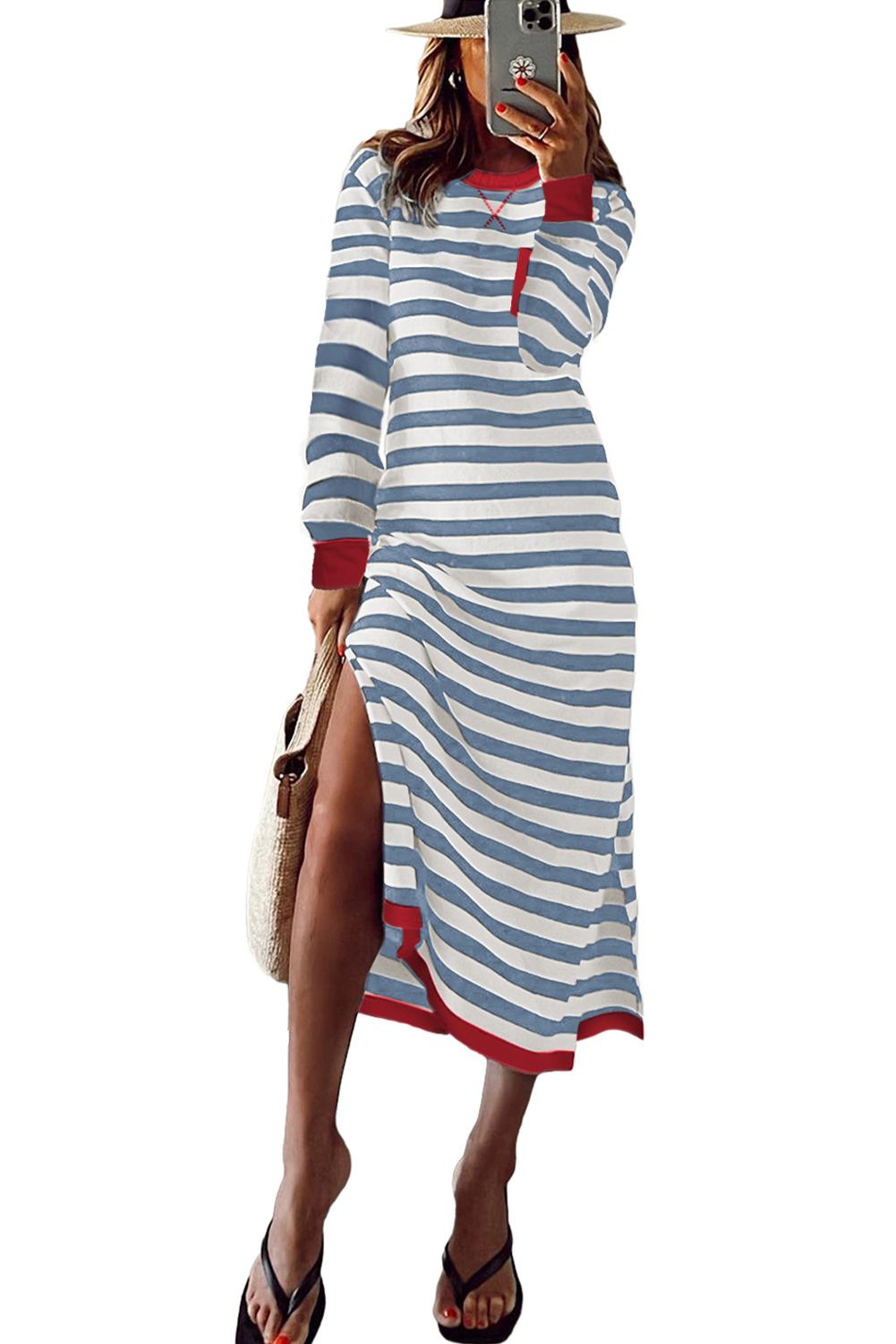 Sky Blue Stripe Striped Print Contrast Edge Long Sleeve Midi Dress with Side Splits - loveforevers