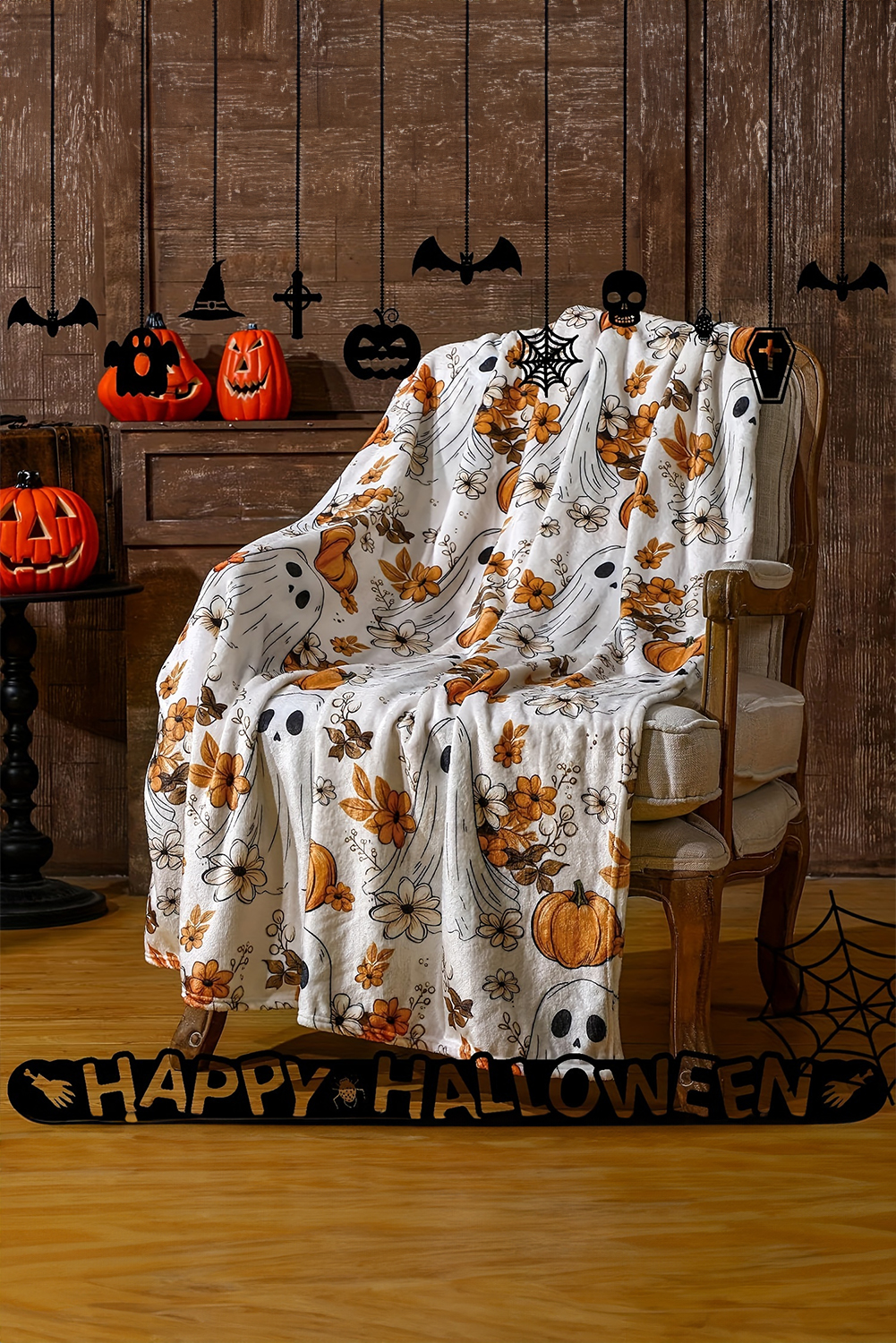 Orange Halloween Ghost Pumpkin Print Fleece Throw Blanket - loveforevers