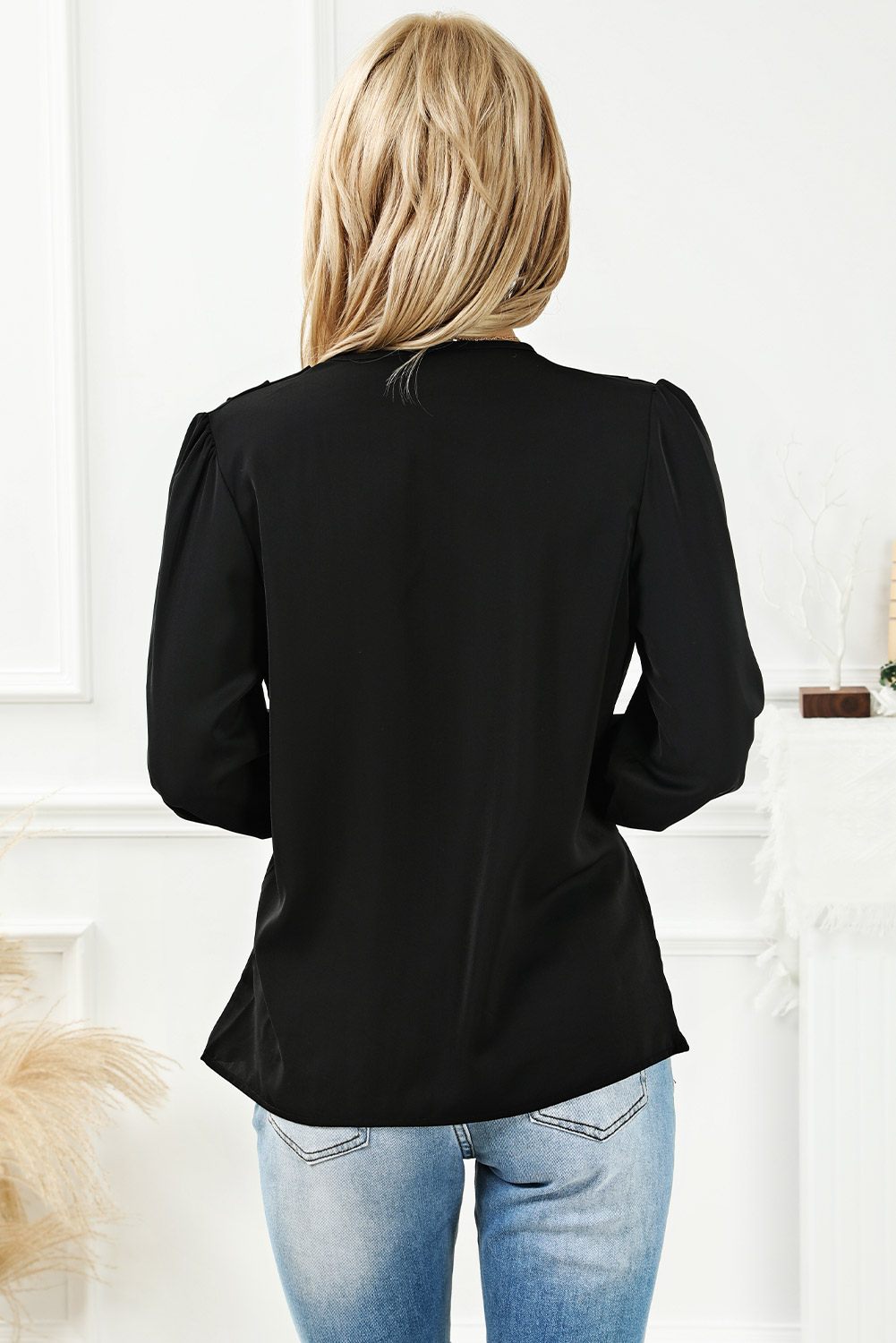 Black Solid Surplice Neck Shirred Cuffs Draped Blouse - loveforevers